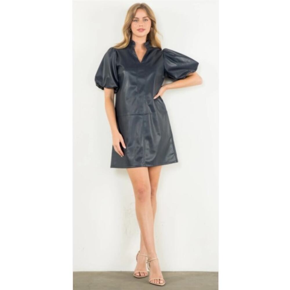 NEW THML Faux Leather Puff Sleeve Dress, Navy, XS